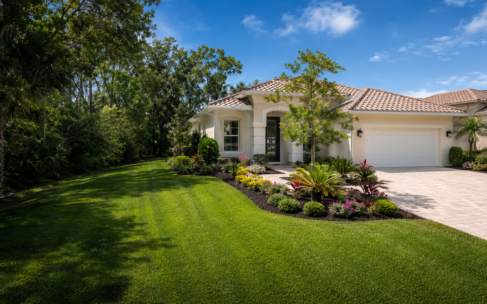 Freshly landscaped home with a green lawn and clean flower beds