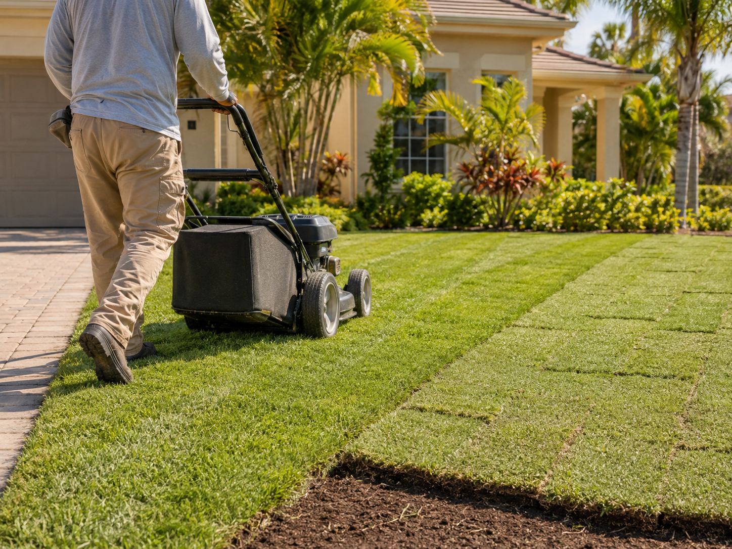 Freshly serviced lawn with clean stripes and edges